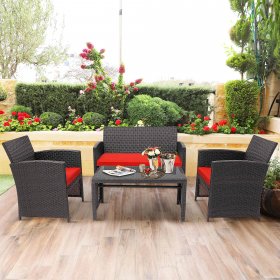 Costway 8PCS Patio Rattan Furniture Set Cushioned Chair Sofa Coffee Table Red