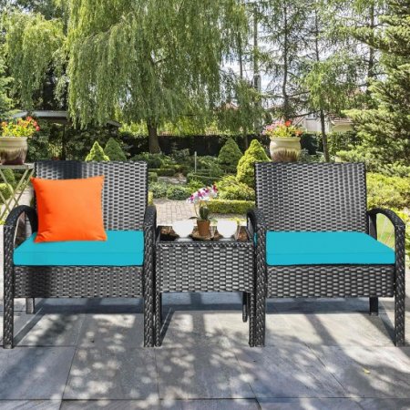 Costway 3PCS Outdoor Patio Rattan Furniture Sofa Set Coffee Table Conversation Sofa Cushioned Turquoise