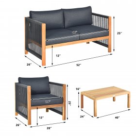 Costway 4 PCS Acacia Wood Patio Conversation Set w/Cushions for Garden Grey