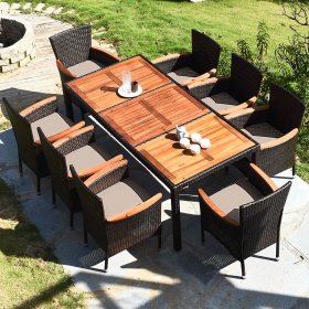 9PCS Patio Rattan Dining Set 8 Chairs Cushioned Acacia Table Top