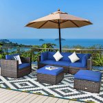 6PCS Patio Rattan Furniture Set Sectional Cushion Sofa Coffee Table Ottoman Navy