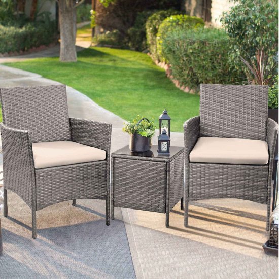 Lacoo 3 Pieces Outdoor Patio Furniture Gray PE Rattan Wicker Table and Chairs Set Bar Set with Cushioned Tempered Glass (Grey / Beige)