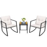 Lacoo 3 Pieces Patio Furniture Set Rocking Wicker Bistro Sets Modern Outdoor Cushioned Chair ,White