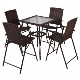 Costway 5PC Rattan Patio Furniture Set 4 Bar Stool Folding Chair and Bar Table W/Glass Top