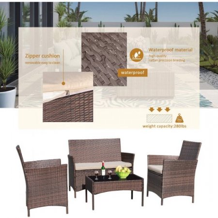 Lacoo 4 Pieces Outdoor Patio Furniture Black PE Rattan Wicker Table and Chairs Set Bar Balcony Backyard Garden Porch Sets with Cushioned Tempered Glass, Beige Cushion