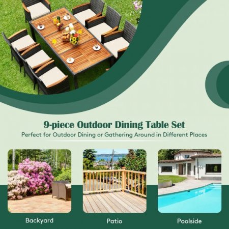 Costway 9PCS Patio Rattan Dining Set Acacia Wood Table Cushioned Chair Mix Gray