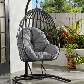 Mainstays Wicker Outdoor Patio Hanging Egg Chair with Olefin Cushion and Metal Stand, Gray