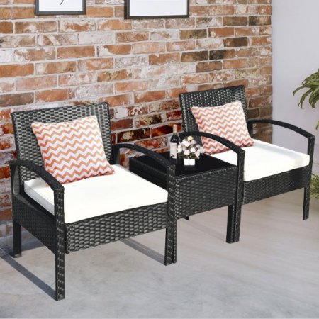 Costway 3PCS Patio Rattan Furniture Set Table & Chairs Set with Thick Cushions Garden