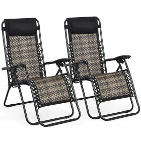 Costway 2PCS Patio Rattan Zero Gravity Lounge Chair Folding Recliner Headrest Mix Grey