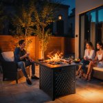 28" Outdoor Propane Fire Pit Table with Lid, 60,000 BTU Gas Fire Pit for Patio Garden Party