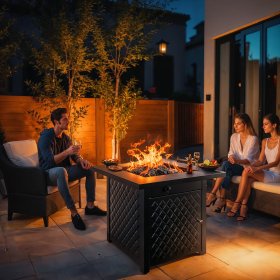 28" Outdoor Propane Fire Pit Table with Lid, 60,000 BTU Gas Fire Pit for Patio Garden Party