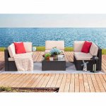 Devoko Patio Furniture Sets 6 Pieces Outdoor Sectional Rattan Sofa Manual Weaving Wicker Patio Conversation Set with Glass Table and Cushion, Beige