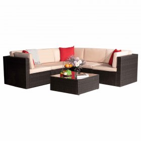 Lacoo 6 Pieces Patio Sectional Sofa All Weather PE Rattan Manual Wicker Conversation Sets with Washable Cushions and Glass Table (Brown)