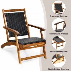 Costway Patio Folding Rattan Lounge Chair Wooden Frame W/ Retractable Footrest