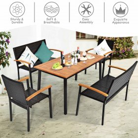 Costway 5PC Patio Rattan Dining Set Acacia Wood Table Top Stackable Chair Bench