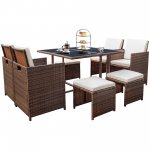 Devoko 9 Pieces Patio Furniture Dining Set Patio Wicker Rattan Chair Sets Outdoor Furniture Cushioned Tempered Glass with Ottoman, Beige