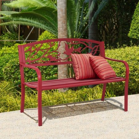 Costway Patio Garden Bench Park Yard Outdoor Furniture Cast Iron Porch Chair Red