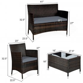 Costway 4 PCS Outdoor Patio Rattan Furniture Set Table Shelf Sofa W/ Gray Cushions