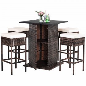 Costway 5PCS Patio Rattan Bar Table Stool Set Hidden Storage Shelf Cushioned