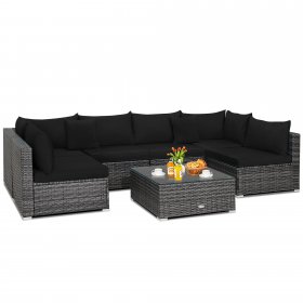 Costway 7PCS Patio Rattan Furniture Set Sectional Sofa Cushioned Garden Black