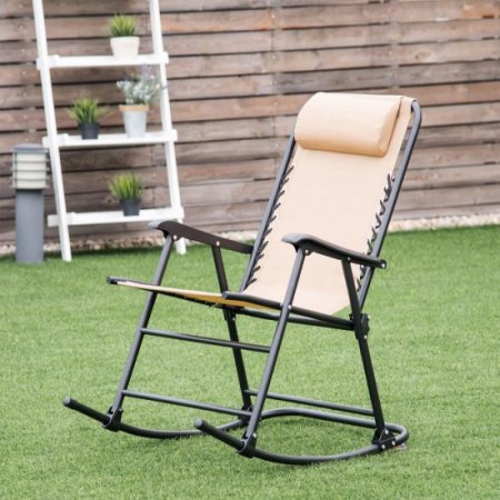 Costway Folding Zero Gravity Rocking Chair Rocker Porch Outdoor Patio Headrest Beige