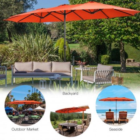 Costway 15FT Double-Sided Twin Patio Umbrella Outdoor Market W/ Crank & Base Orange