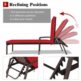 Costway Patio Rattan Lounge Chair Chaise Recliner Back Adjustable Cushioned Outdoor Red