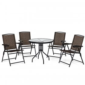 Costway 5PC Bistro Outdoor Patio Furniture Set Glass Table W/4 Folding Adjustable Chairs