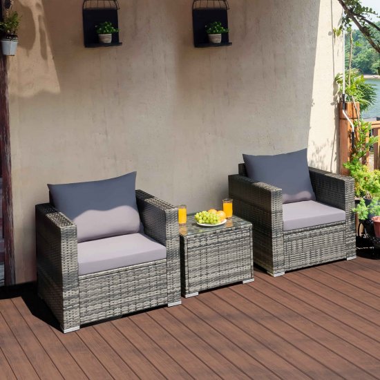 Costway 3 PCS Patio Rattan Furniture Bistro Set Cushioned Sofa Chair Glass Table Garden