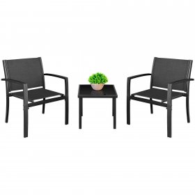 Devoko 3 Pieces Patio Furniture Set Textilene Bistro Set Outdoor Patio Conversation Set Modern Porch Furniture Lawn Chairs with Coffee Table, Black