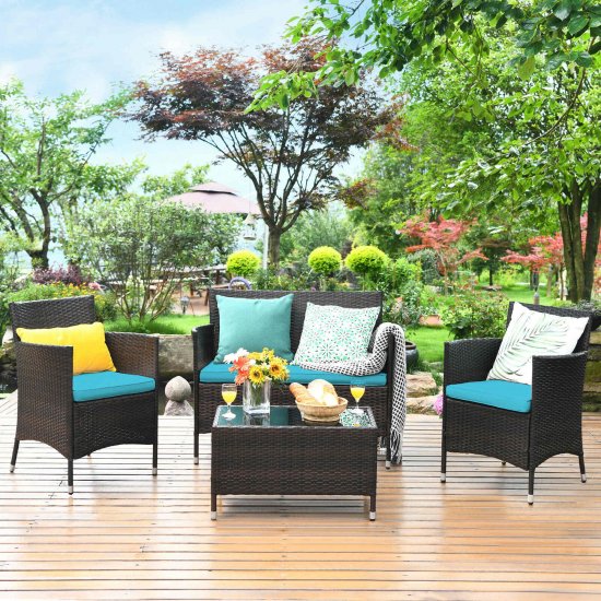 4PCS Outdoor Patio PE Rattan Wicker Table Shelf Sofa Furniture Set With Cushion