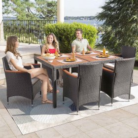 Lacoo 7 Pieces Outdoor Patio Dining Set with PE Rattan Wicker Dining Table and Chairs Acacia Wood Tabletop, Curved Wood Armrest Chairs with Cushions