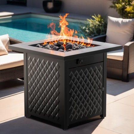 28" Outdoor Propane Fire Pit Table with Lid, 60,000 BTU Gas Fire Pit for Patio Garden Party
