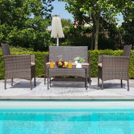 Devoko 4 Pieces Outdoor Patio Conversation Set PE Rattan Wicker Furniture Set, Brown/Beige