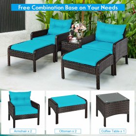 5 PCS Patio Rattan Furniture Set Sofa Ottoman Table Cushioned Turquoise