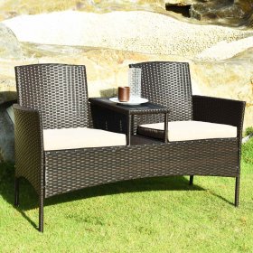 Costway Patio Rattan Chat Set Loveseat Sofa Table Chairs Conversation Cushioned