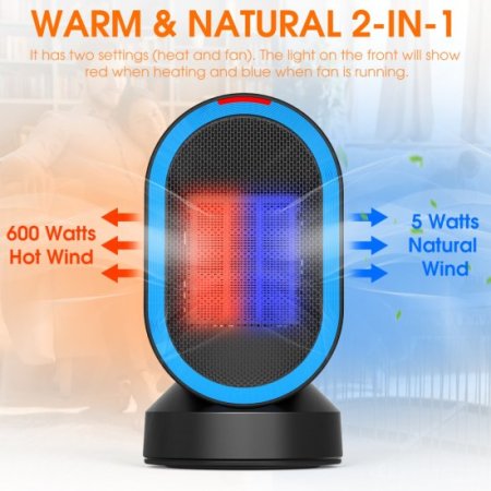 ALROCKET 600W Space Heater, Desk heaters with PTC Ceramic heating , 45 Oscillation ,Tipped-over Protection, Black