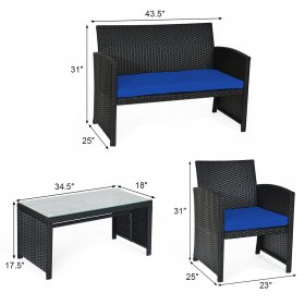 Costway 4PCS Patio Rattan Furniture Conversation Set Cushion Sofa Table Garden Navy