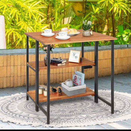 Costway Patio Acacia Wood Folding Dining Table Storage Shelves Garden Deck