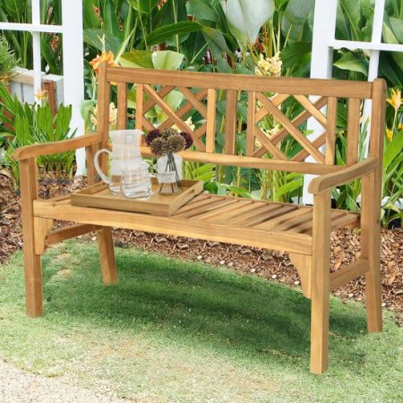 Costway Patio Outdoor Solid Wood Bench Folding Loveseat Chair Park Garden Deck Furniture