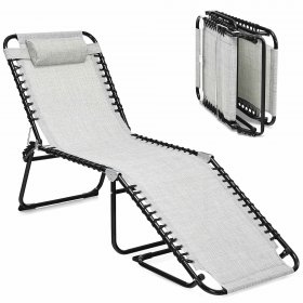 Costway Folding Beach Lounge Chair Heightening Design Patio Lounger w/ Pillow-Gray