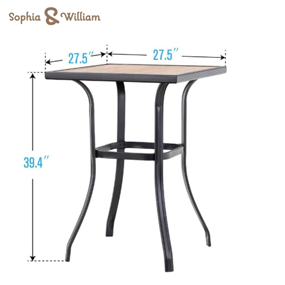Sophia & William Patio Outdoor Height Bar Table Set Square Bistro Metal Dining Table with Wooden-like Top