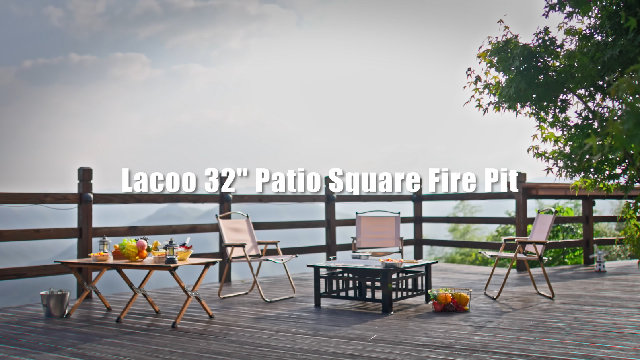 Lacoo 32" Patio Square Fire Pit Table for Patio Backyard BBQ, Ice Storage with Mesh Lid, Poker and Cover, Black